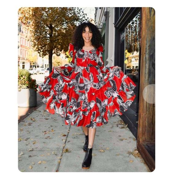 AUTUMN ADEIGBO Fleur Puff Sleeve Red Butterfly Ruffled Fleur Midi Dress - Picture 1 of 12
